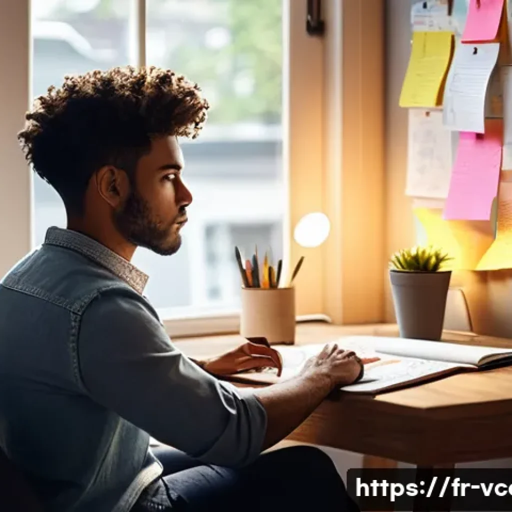 영상콘텐츠 제작 단계별 체크리스트 - **Prompt:** A young, diverse individual, fully clothed in smart casual attire, intensely brainstormi...