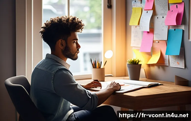 영상콘텐츠 제작 단계별 체크리스트 - **Prompt:** A young, diverse individual, fully clothed in smart casual attire, intensely brainstormi...