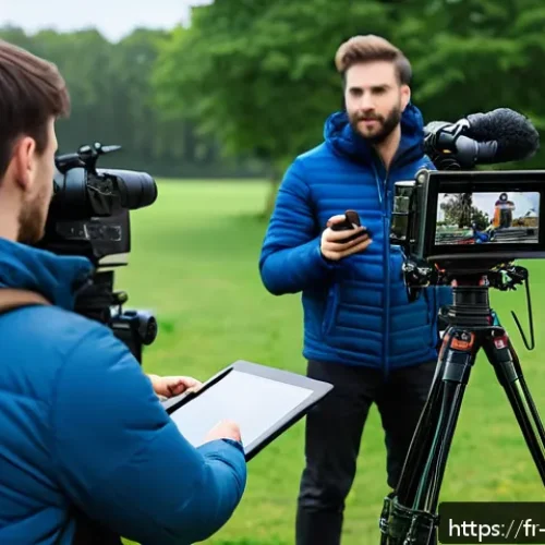 Home 31 영상콘텐츠 전문가의 업무 사례 공유 - A professional video production set outdoors during an overcast day, featuring a diverse crew includ...