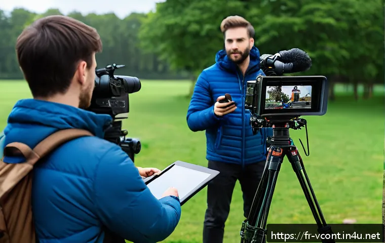 영상콘텐츠 전문가의 업무 사례 공유 - A professional video production set outdoors during an overcast day, featuring a diverse crew includ...