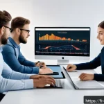 Home 18 영상콘텐츠 제작의 ROI 분석 방법 - A modern digital marketing workspace showing a diverse team analyzing video performance metrics on m...