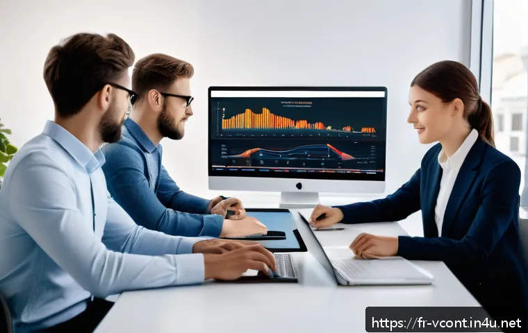 영상콘텐츠 제작의 ROI 분석 방법 - A modern digital marketing workspace showing a diverse team analyzing video performance metrics on m...