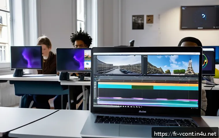 영상콘텐츠 제작 관련 추천 강의 및 워크숍 - A modern video editing classroom in Paris, with diverse adult students attentively learning basics o...