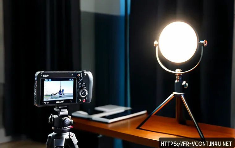 영상콘텐츠 제작을 위한 최신 하드웨어 리뷰 - Photorealistic editorial product-review scene for modern video content creation, a sleek mirrorless ...