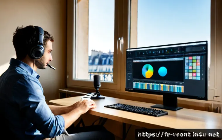 영상콘텐츠 전문가가 활용하는 필수 소프트웨어 - Photorealistic home editing studio in Paris, a French video content professional wearing casual smar...