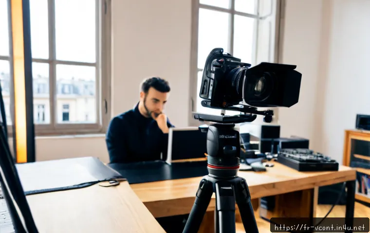 Home 17 영상콘텐츠 제작 중 발생할 수 있는 문제와 해결 방법 - Photorealistic French video production studio, a focused content creator and technician calmly troub...